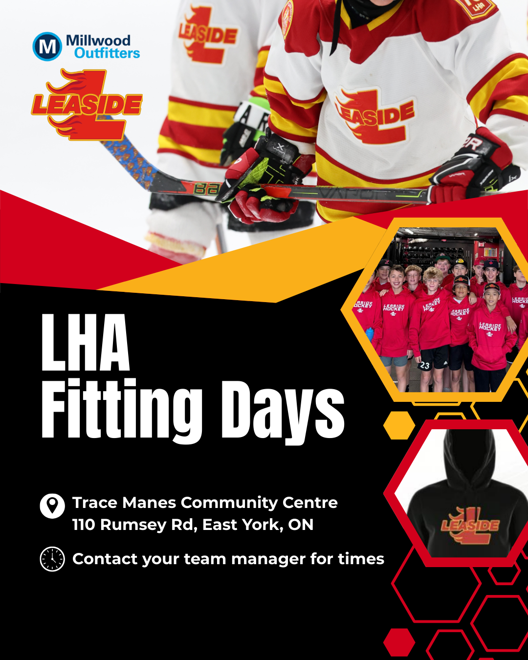 LHA Fitting Days promotion for LHA fitting days 2025 showing player in Leaside Hockey jersey