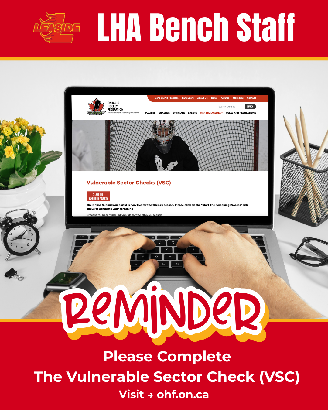 VSC Reminder (4) Hands at a computer reminding LHA bench staff that it is time to complete a VSC with the OHF