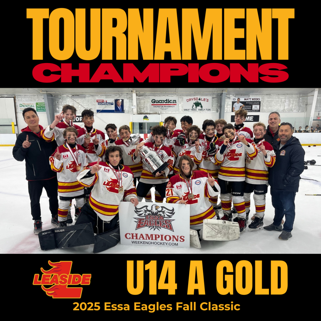 Players and coaches from Leaside U14 A Gold pose with the 2025 Essa Eagles Fall Classic Trophy